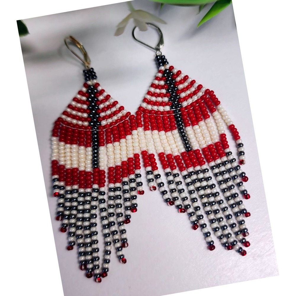 Red White Blue Seed Bead Fringe Earrings Patriotic Dangle.
